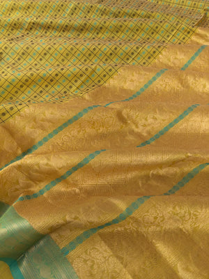 Woven Motifs Silk Cottons - pale beige mixed green Lakshadeepam with small woven borders