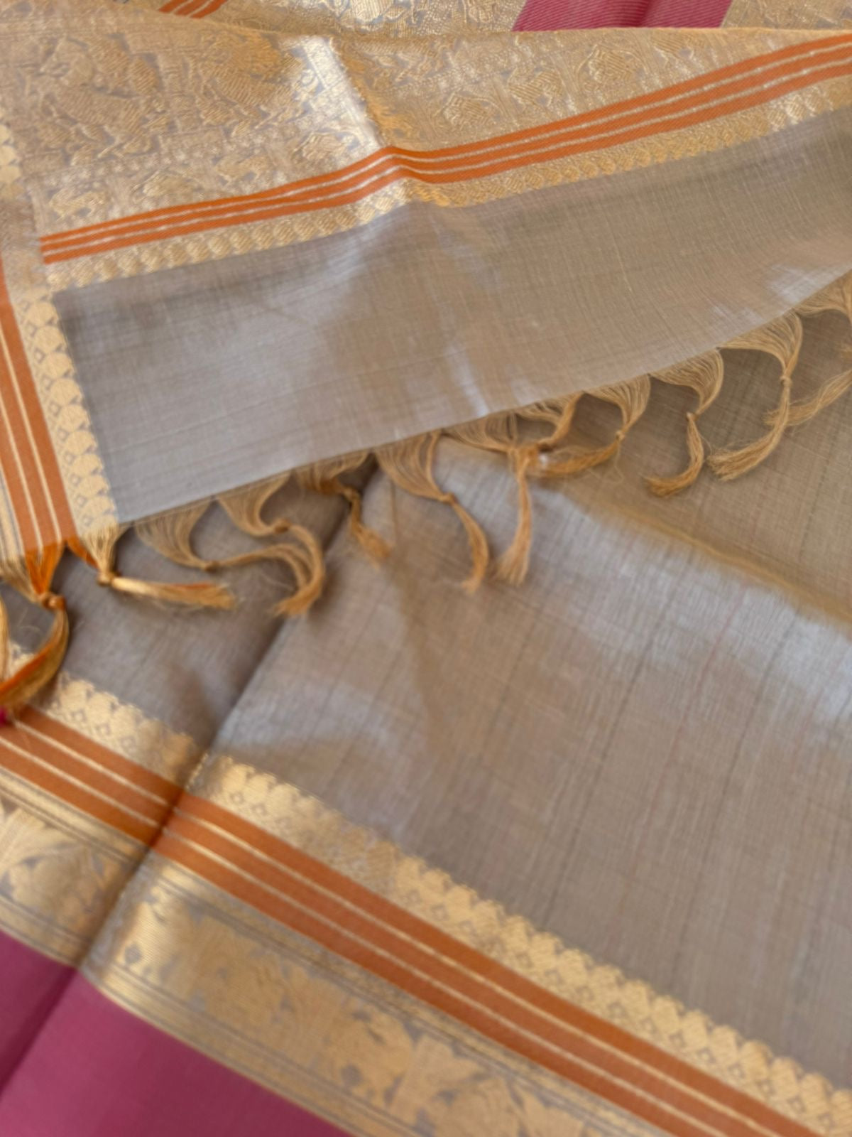 Zari Kissed Silk Cotton - beige mixed silver grey lakshadeepam