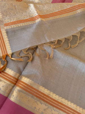 Zari Kissed Silk Cotton - beige mixed silver grey lakshadeepam