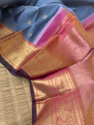 Meenakshi - Kanchivaram for Every Occasion - grey and pink with soldi gold zari woven korvai borders