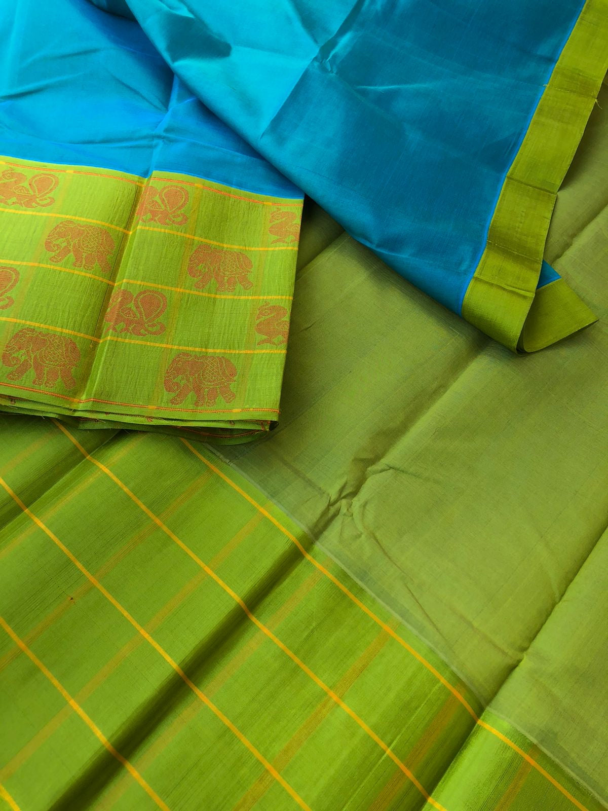 Korvai Silk Cotton with Pure Silk Woven Borders - ram blue and green