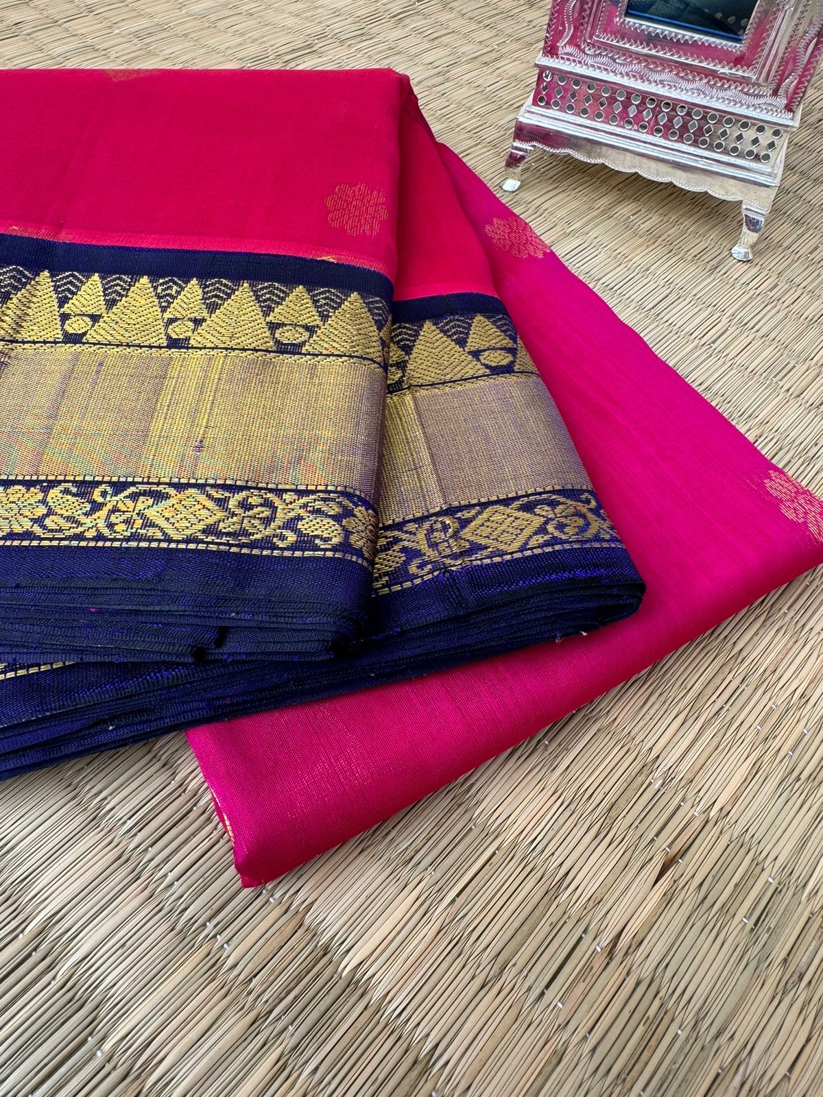 Korvai Silk Cottons - kum red pink with navy