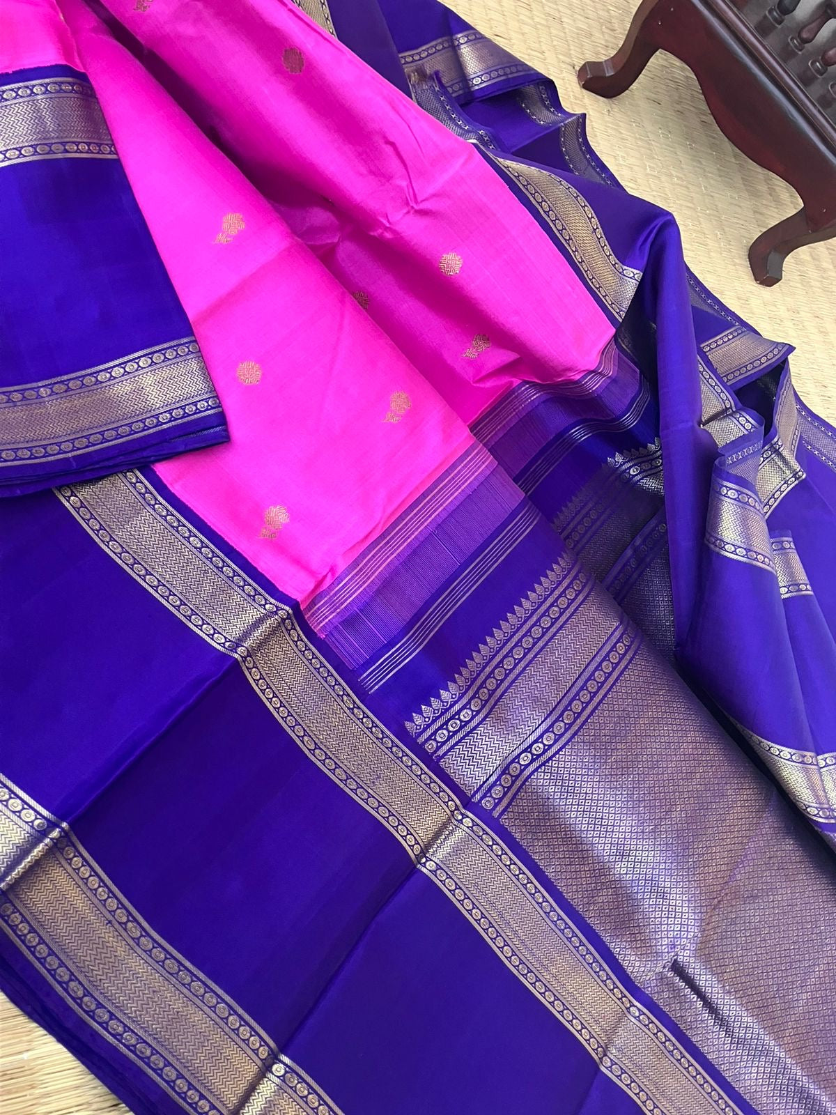 Meenakshi - Kanchivaram for Every Occasion - the traditional age old vintage combination of deep paneer rose and ms blue retro vintage style woven borders