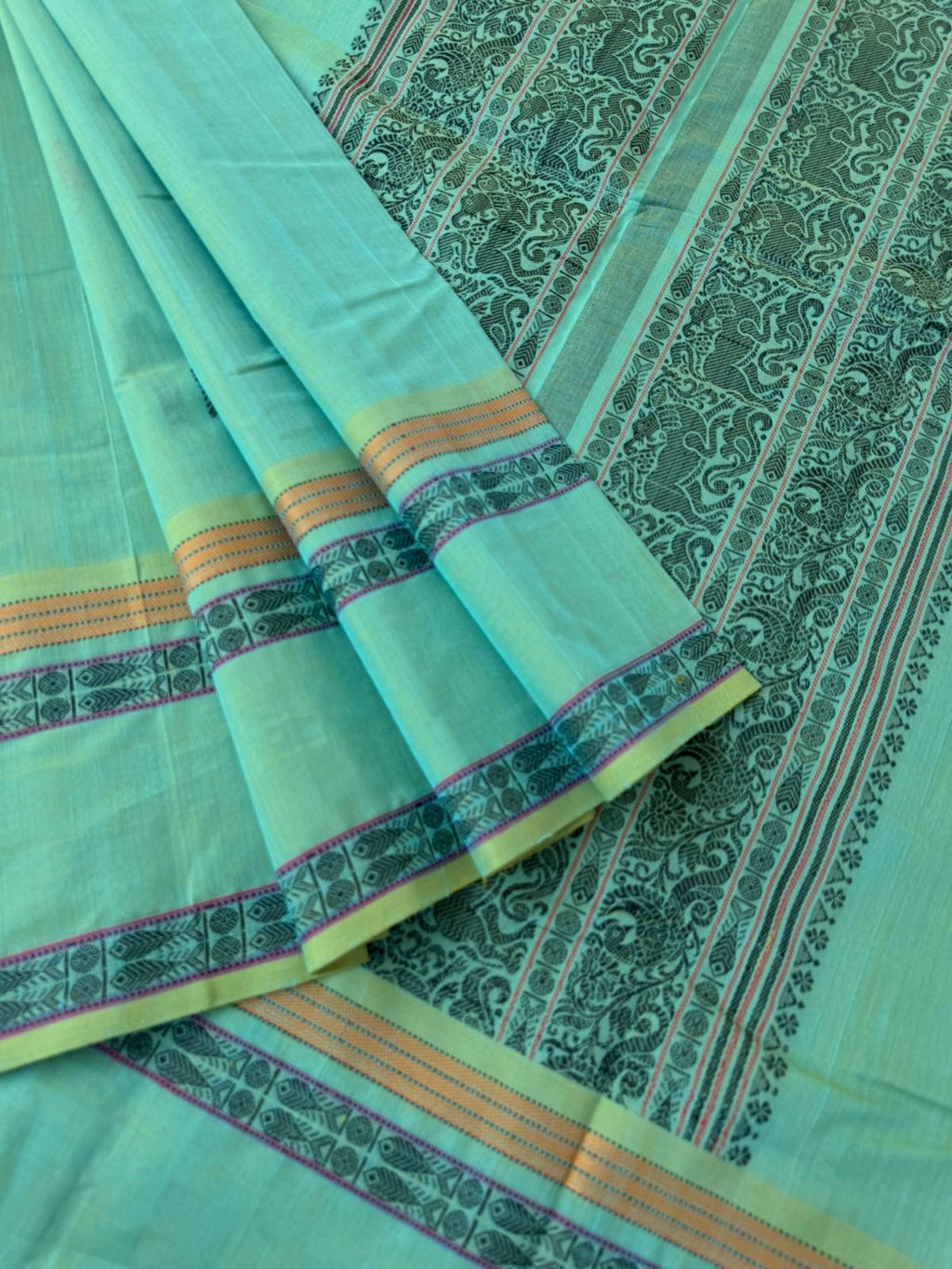 Mangalavastaram - dual tone aqua with fish woven borders