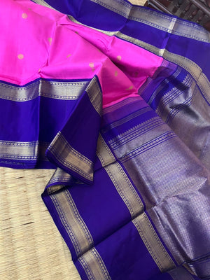 Meenakshi - Kanchivaram for Every Occasion - the traditional age old vintage combination of deep paneer rose and ms blue retro vintage style woven borders