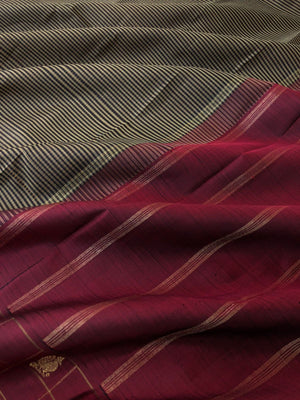 Radhee - Rare Find Kanchivarams - black grey podi kattam with wine maroon borders pallu and blouse