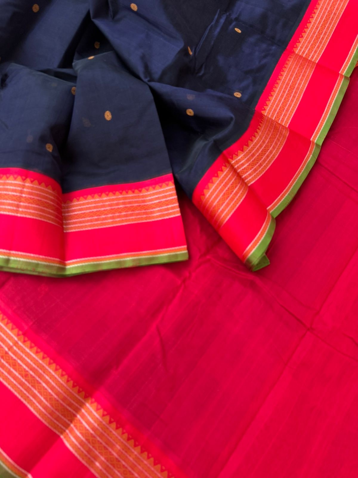 Divyam - Korvai Silk Cotton with Pure Silk Woven Borders - deep navy blue and red