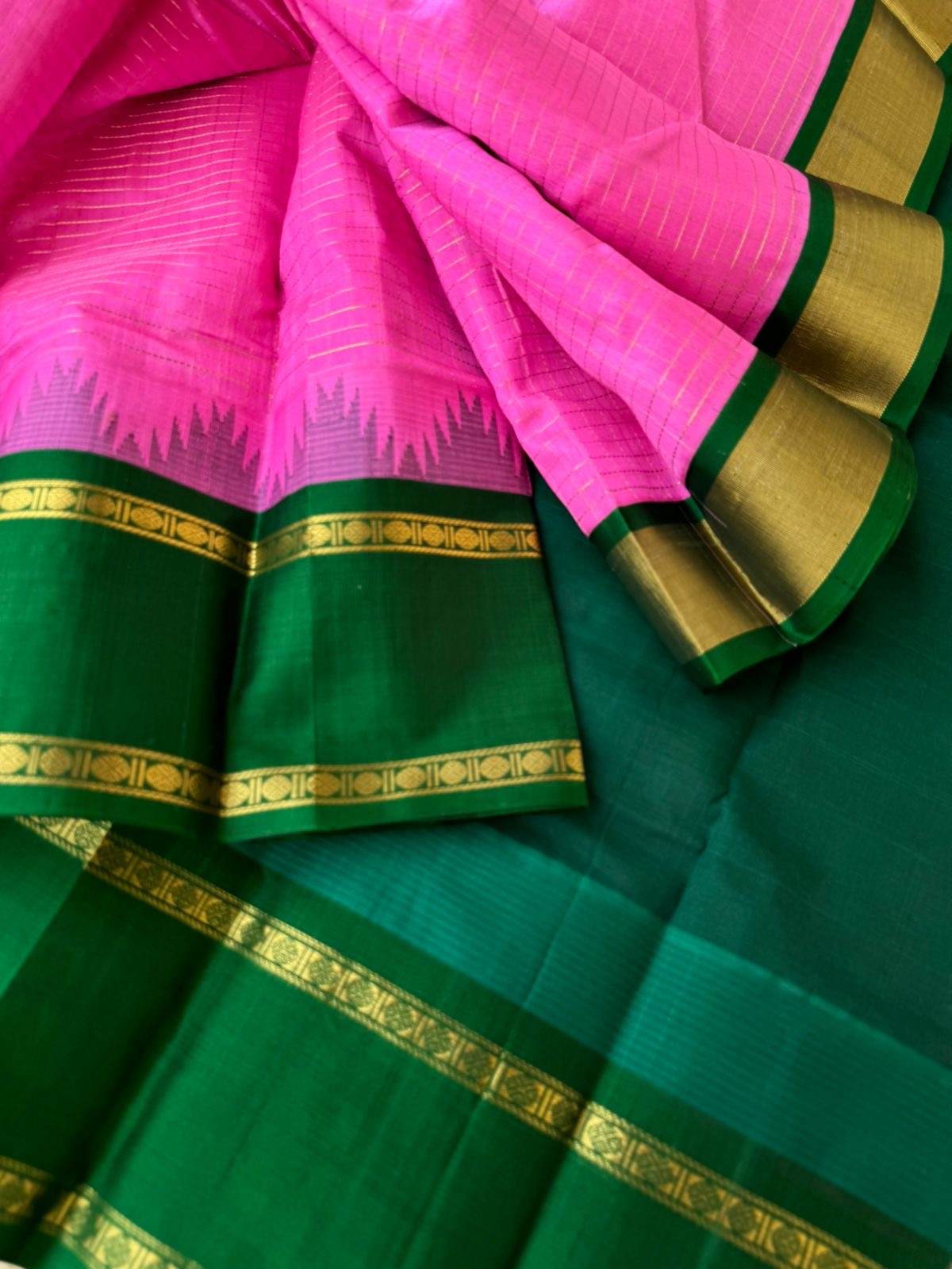 Kattams on Korvai Silk Cotton - rose pink and Meenakshi green