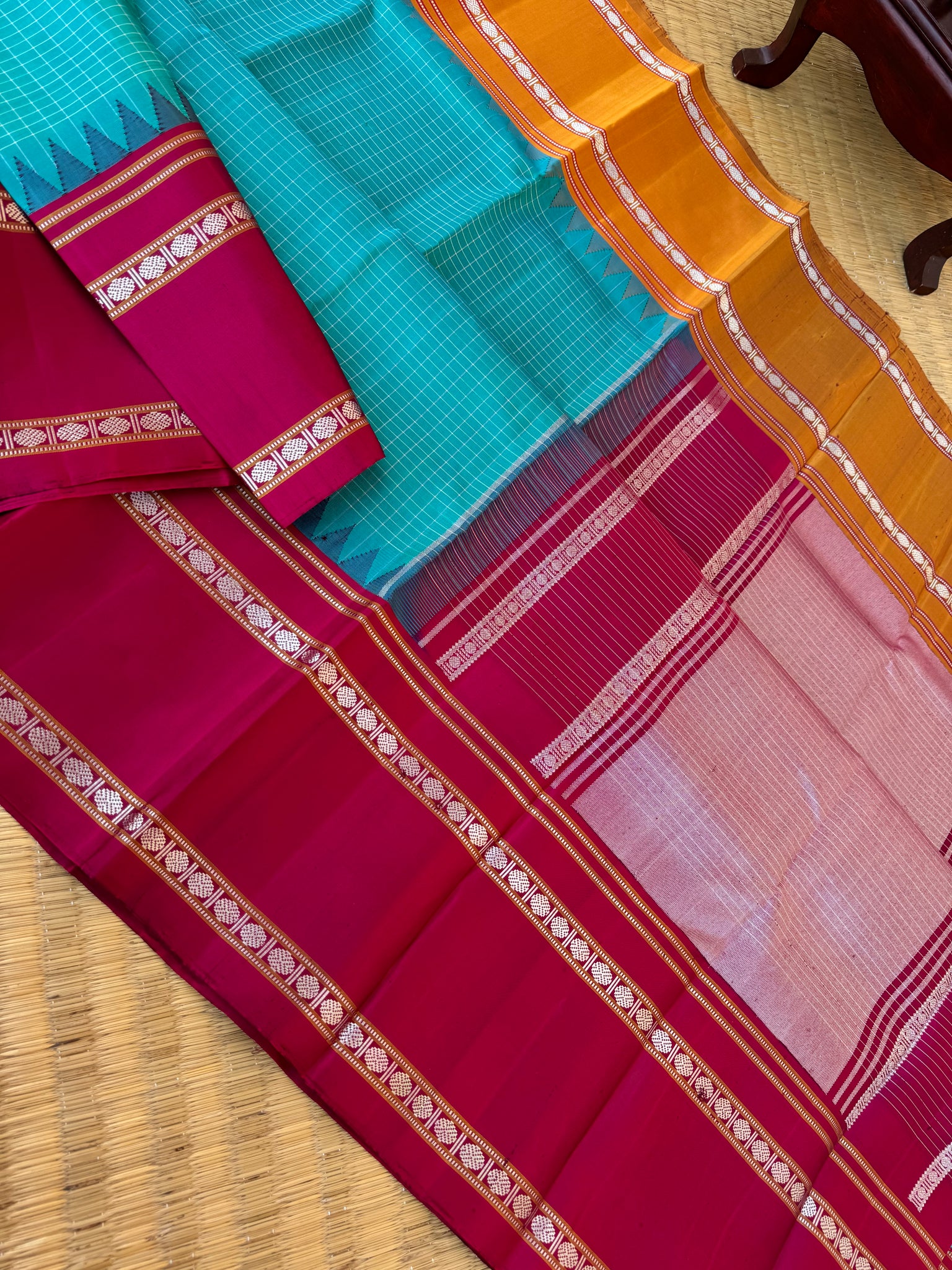 Statement of Kanchivaram - KK3 - beautiful teal vintage Kanchivaram with silver zari oosi kattam with maroon and mustard ganga jammuna korvai Kanchivaram