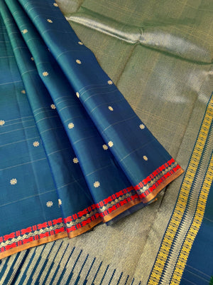 Shree - Stunning Small Border Kanchivarams - beautiful dual tone deep peacock blue green with seep reek pallu