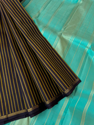 Vertical Stripes on Kanchivaram - black and turquoise with vertical stripes woven body