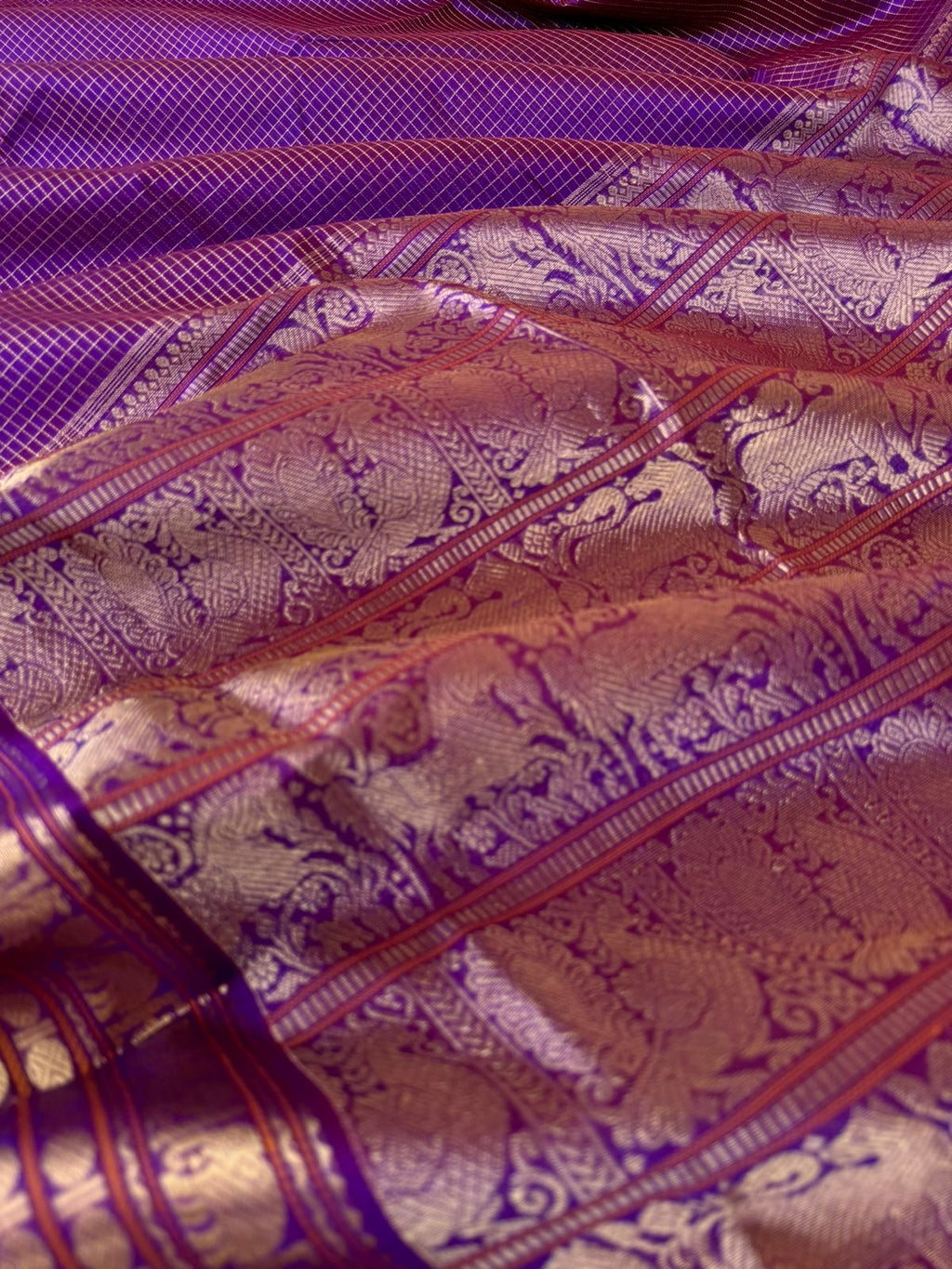 Zari Kissed Silk Cotton - deep maroon short purple with Vairaoosi chex woven body