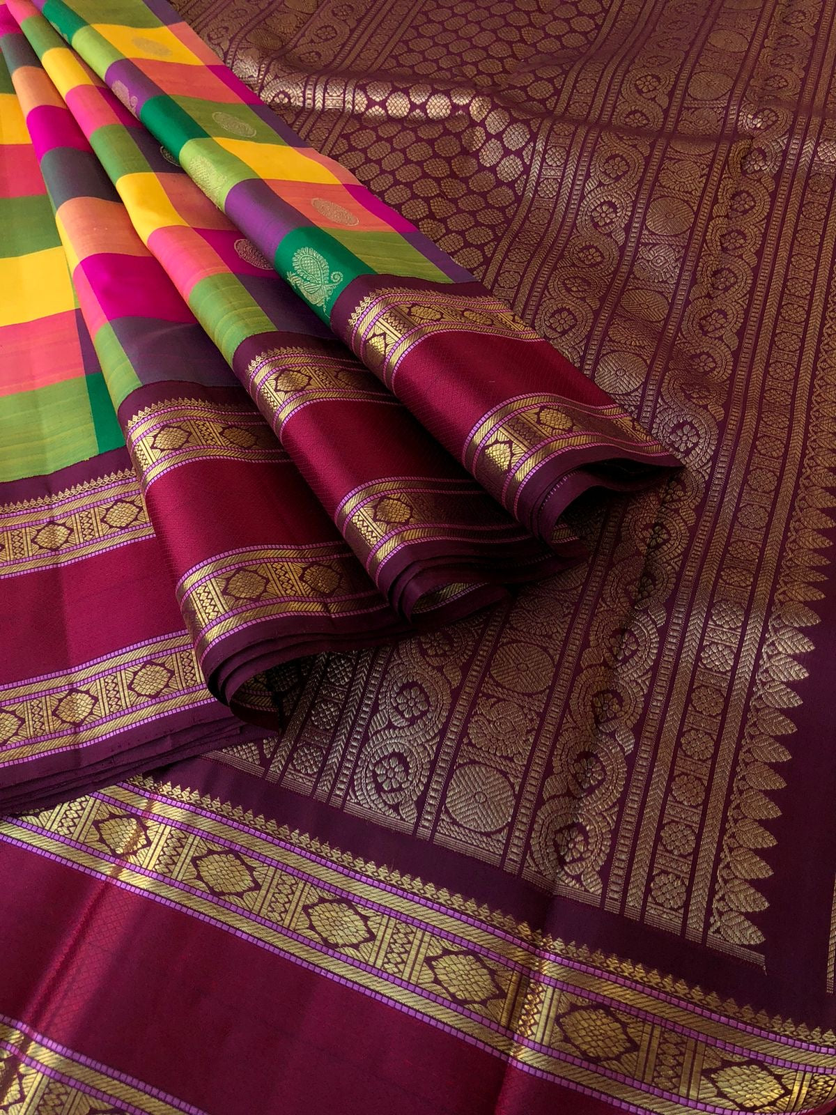 Paalum Palamum Kattam on Kanchivarams - the most beautiful one of a kind paalum Palamum korvai Kanchivaram in vibrant mix of colours