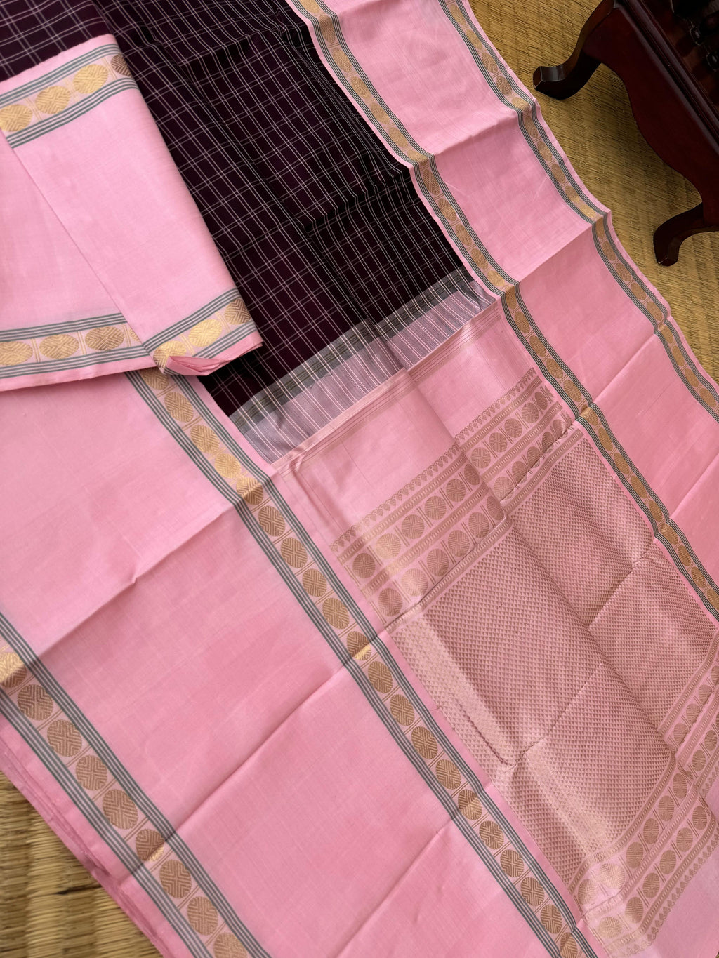 Truly Vintage - the beautiful burgundy and baby pink kattam and Korvai Kanchivaram with retta pett woven borders