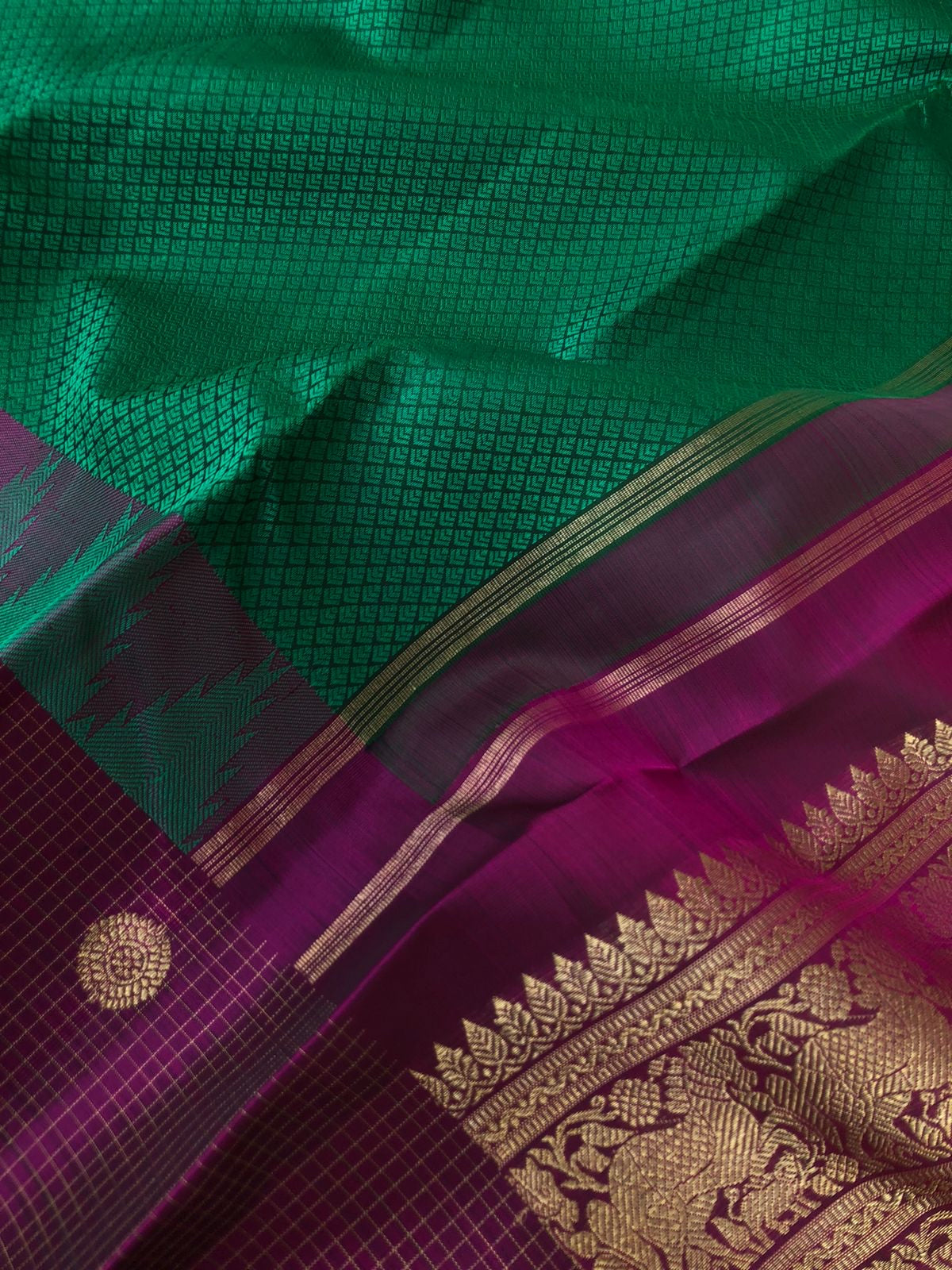 Meenakshi - Heirloom Kanchivaram - beautiful Meenakshi green and deep dark purple oosi Kattam and mayil chackaram woven borders