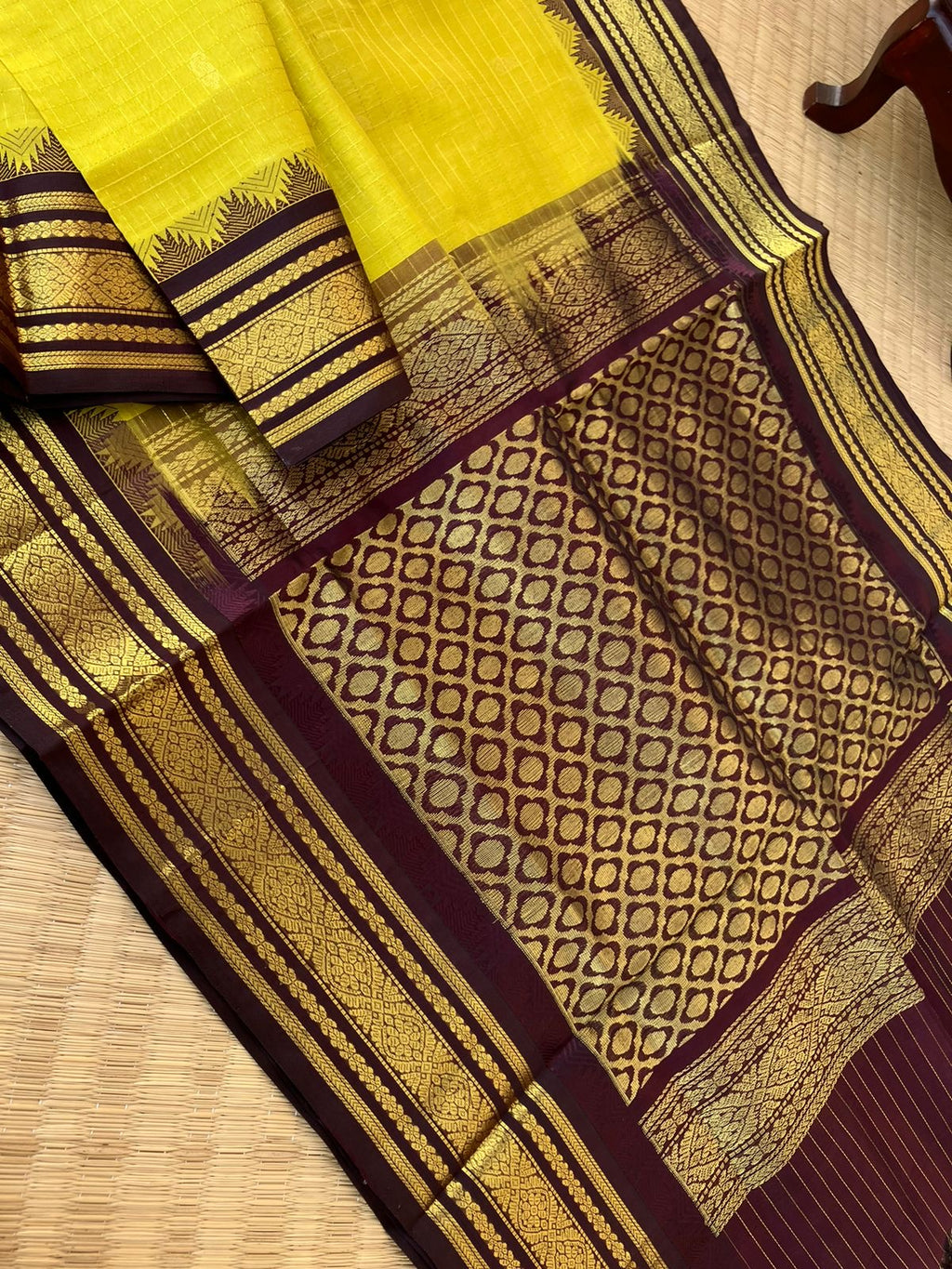 Korvai Silk Cotton - gorgeous yellow and coffee bean zari kattam