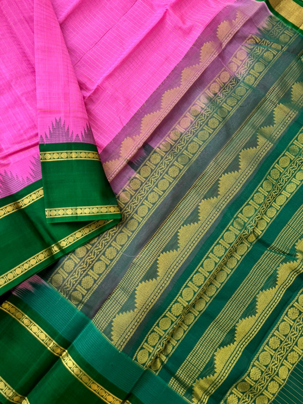 Kattams on Korvai Silk Cotton - rose pink and Meenakshi green