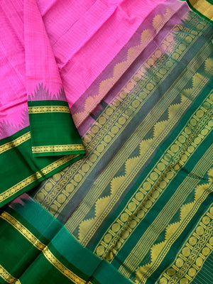 Kattams on Korvai Silk Cotton - rose pink and Meenakshi green