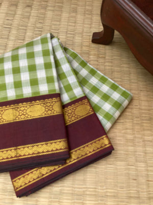 Paalum Palamum Kattams Korvai Silk Cottons - olive and off white with coffee bean brown