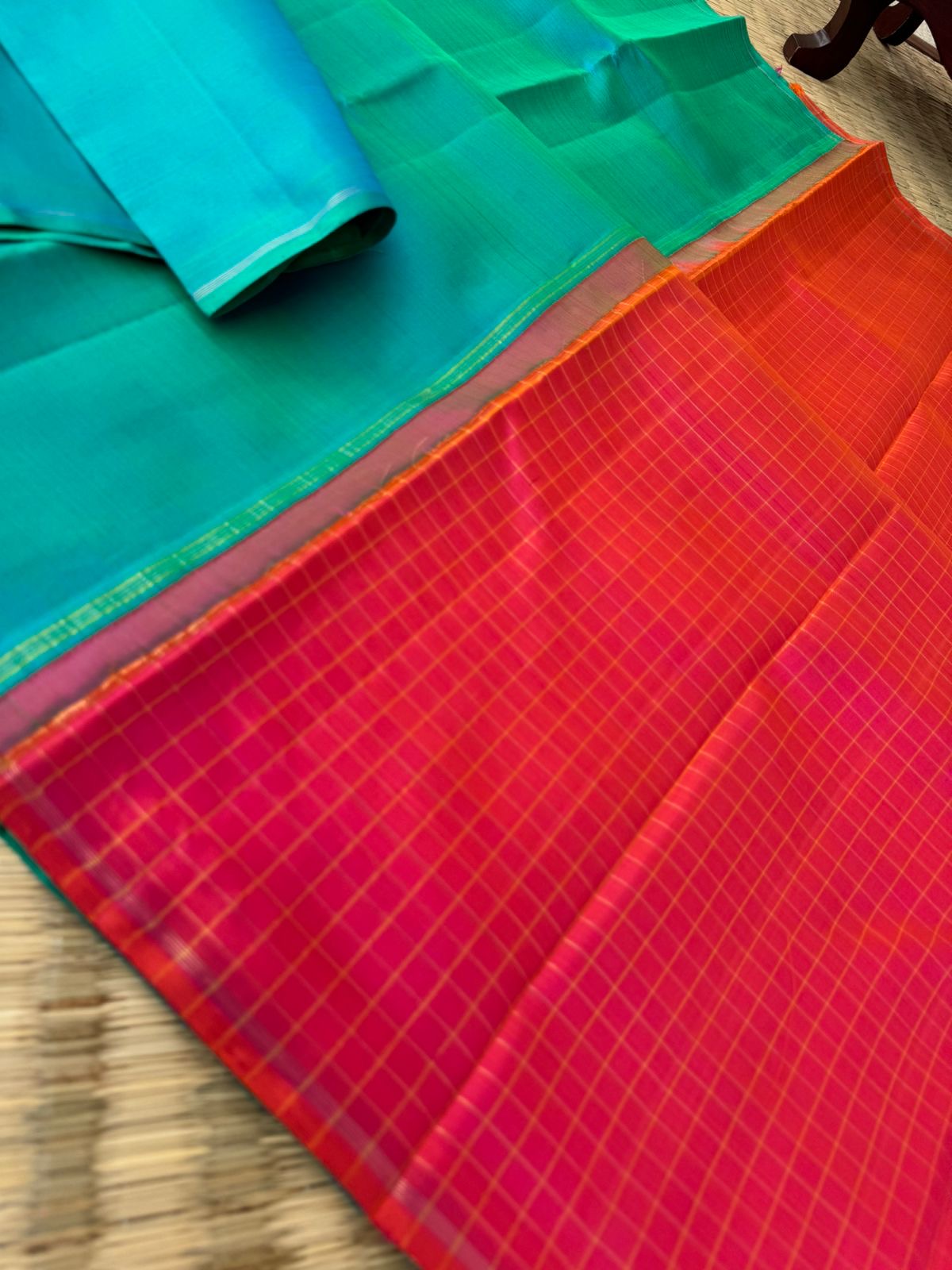 Contrast Play on Full Plain Kanchivarams - beautiful dual tone apple green short blue body with pink short orange pallu and blouse