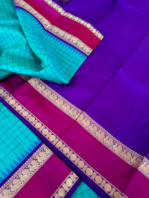 Sahasram - teal and violet with retta pett woven borders with kattam woven body