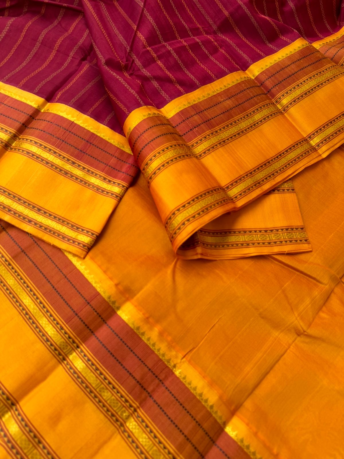 Divyam - Korvai Silk Cotton with Pure Silk Woven Borders - aaraku and mustard vertical veldhari