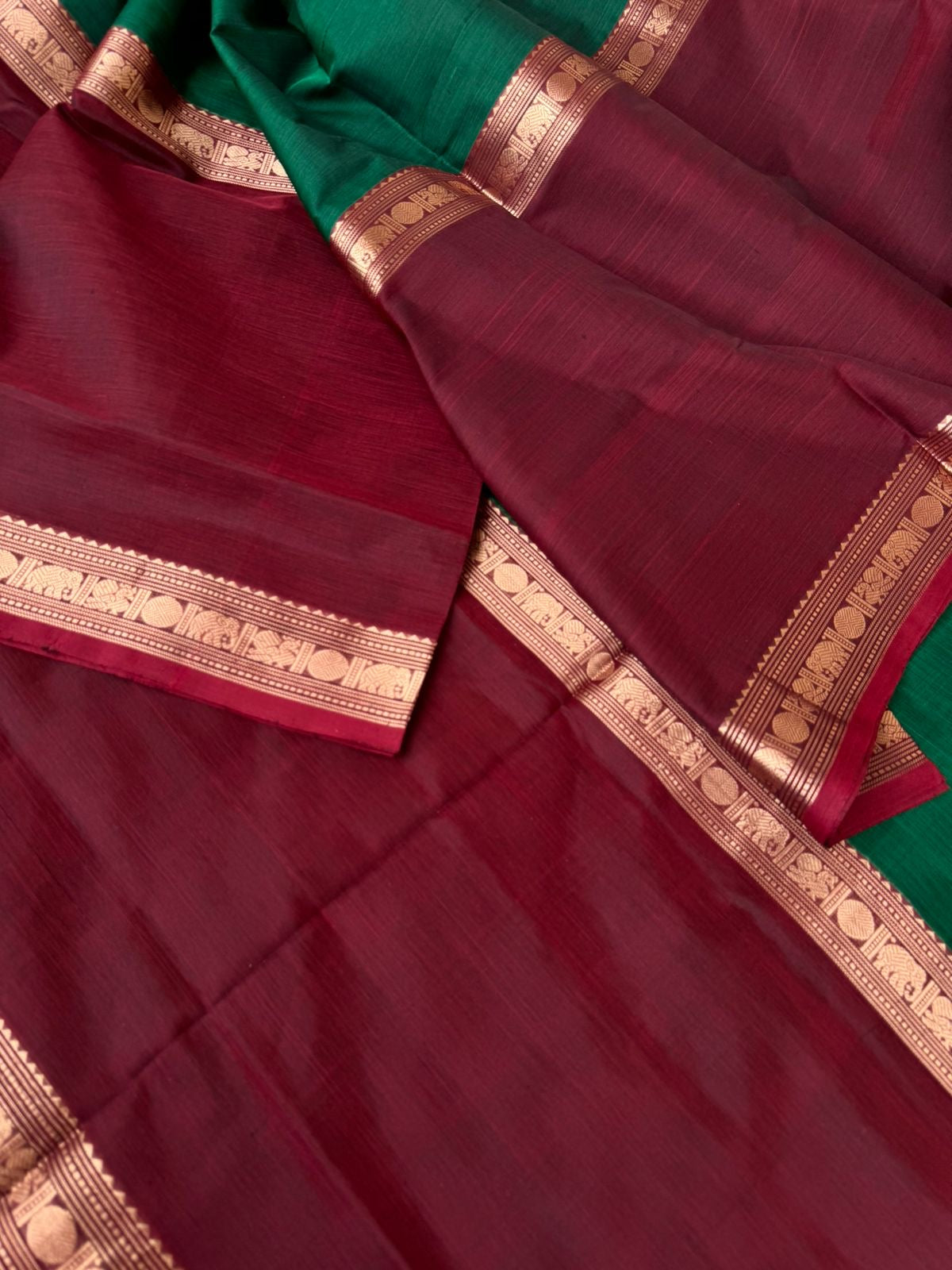 Zari Kissed Silk Cotton - gorgeous green and maroon with mubbagam