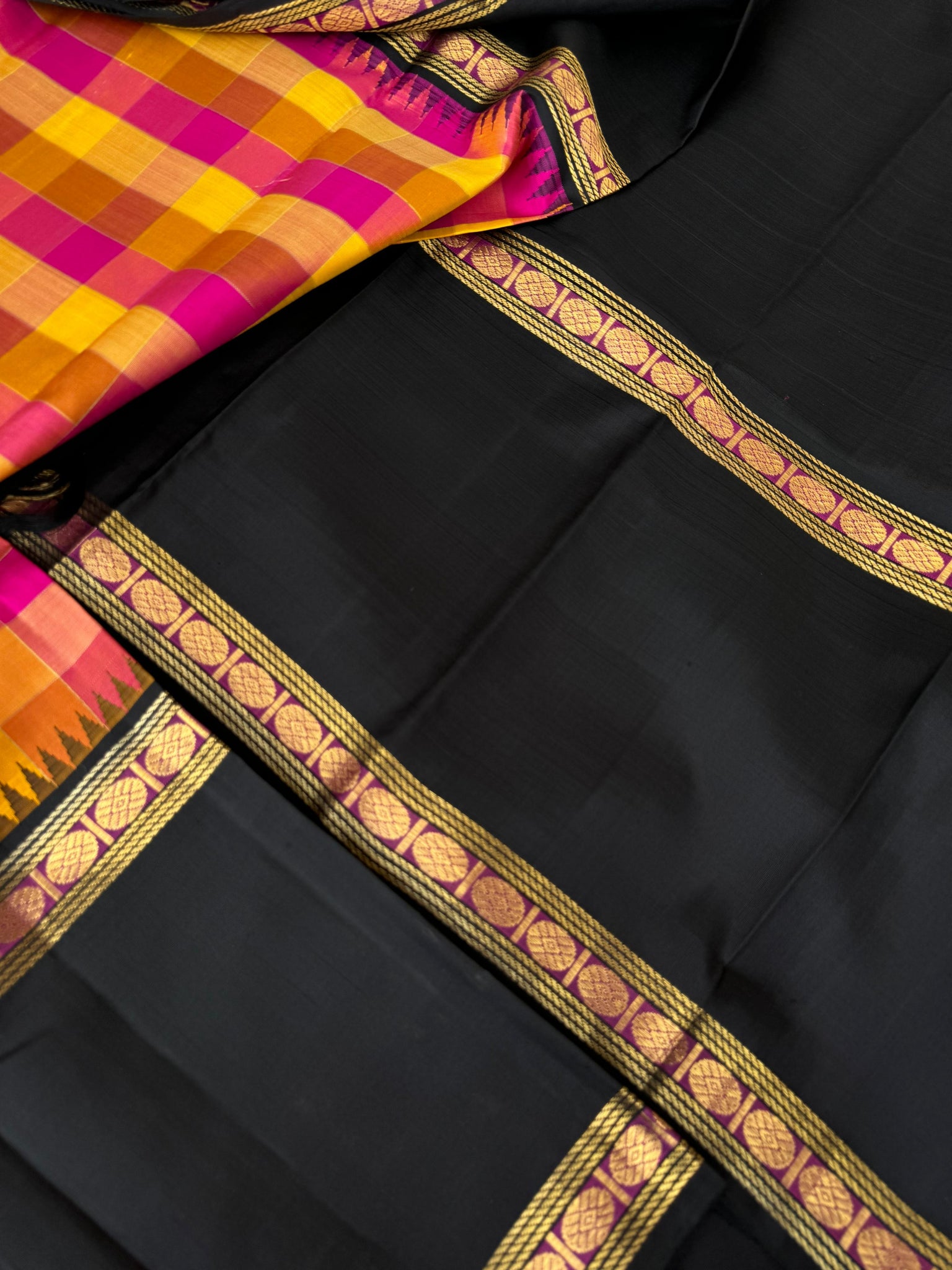 Truly Vintage - stunning traditional yellow and pink paalum palamum kattam with black korvai woven 12’ Inch borders