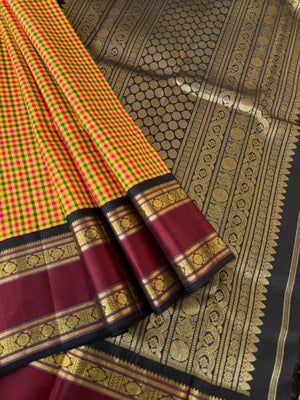 Paalum Palamum Kattam on Kanchivarams - stunning very tine mustard pink and green chex body with black and wine korvai woven retta pett borders