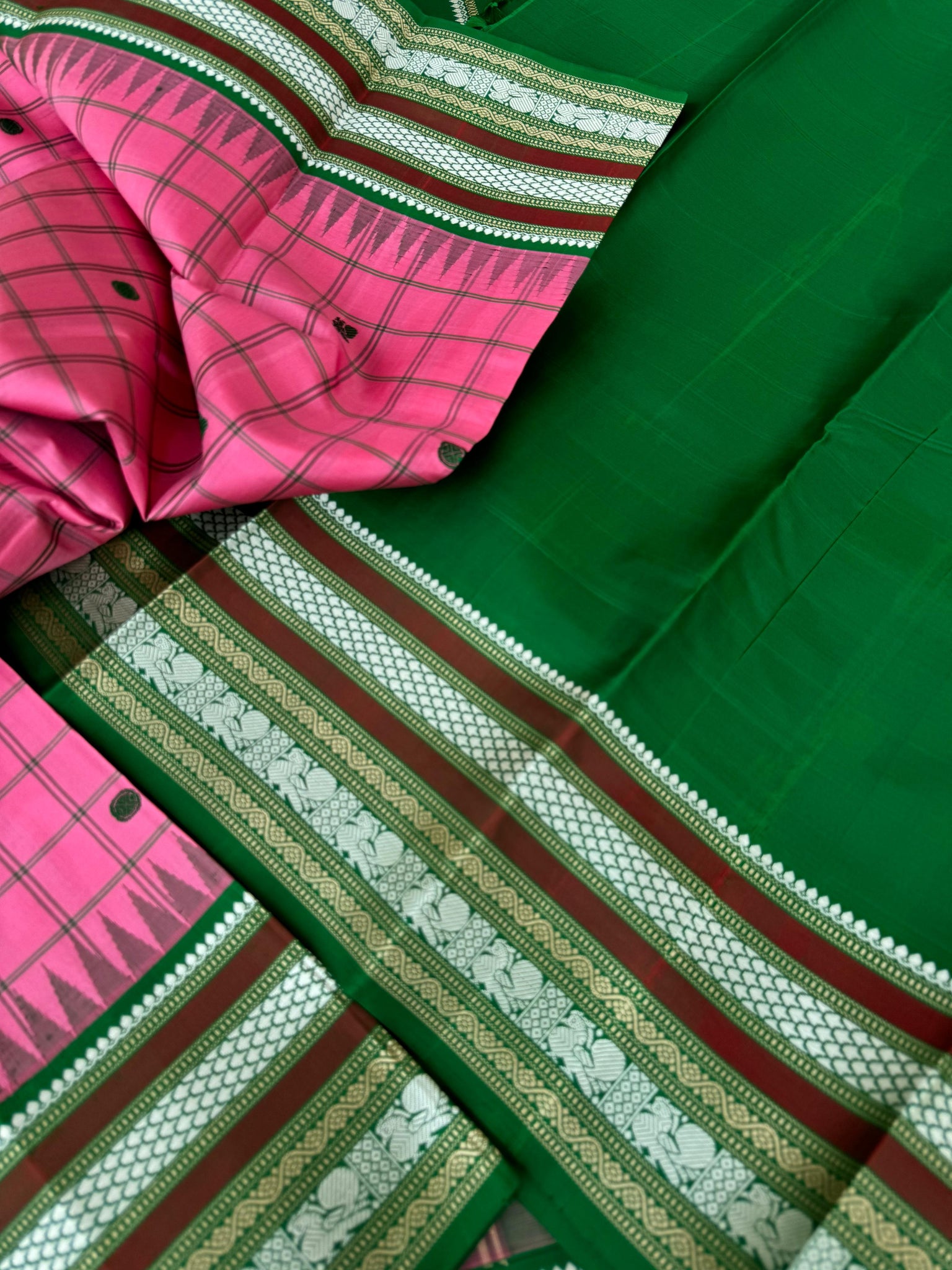 Sahasram - floral pink and Meenakshi green with chex woven buttas