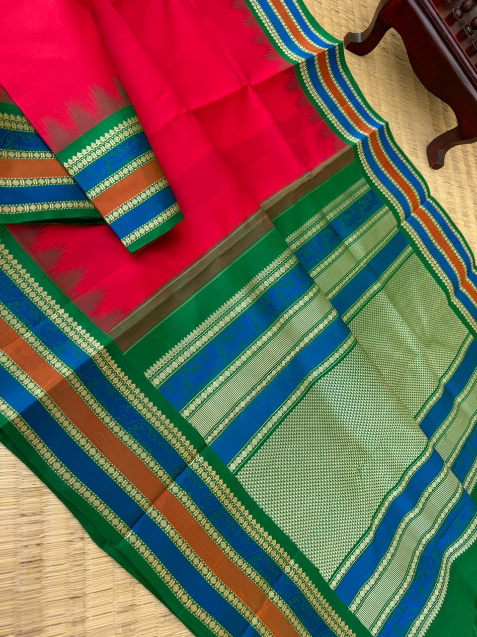 Silk Play on No Zari Kanchivaram - beautiful red and green with yali woven borders