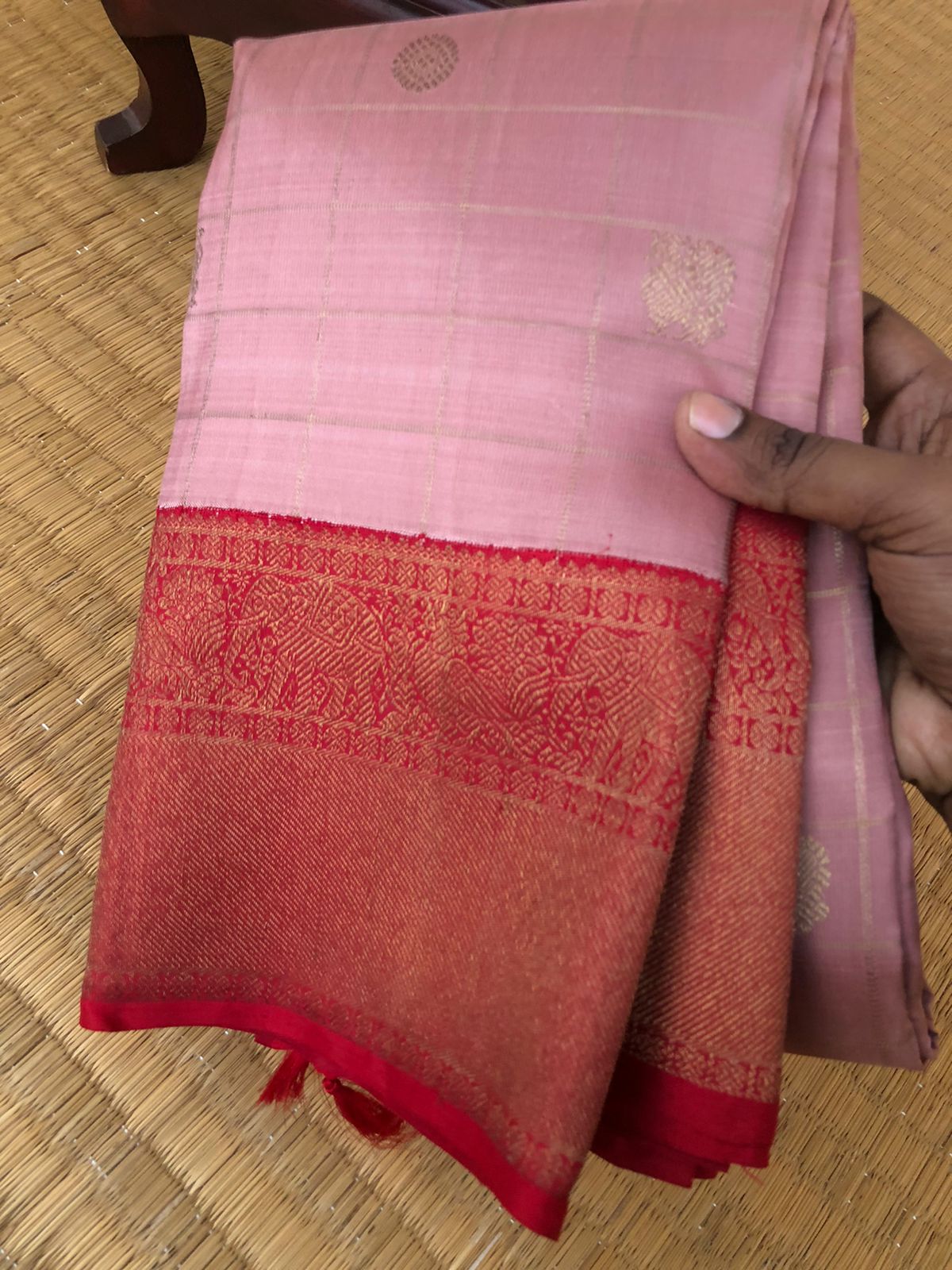 Swarnam - The Solid Kanchivarams - the rare pale dusky rose gold and red with matt finish borders and pallu