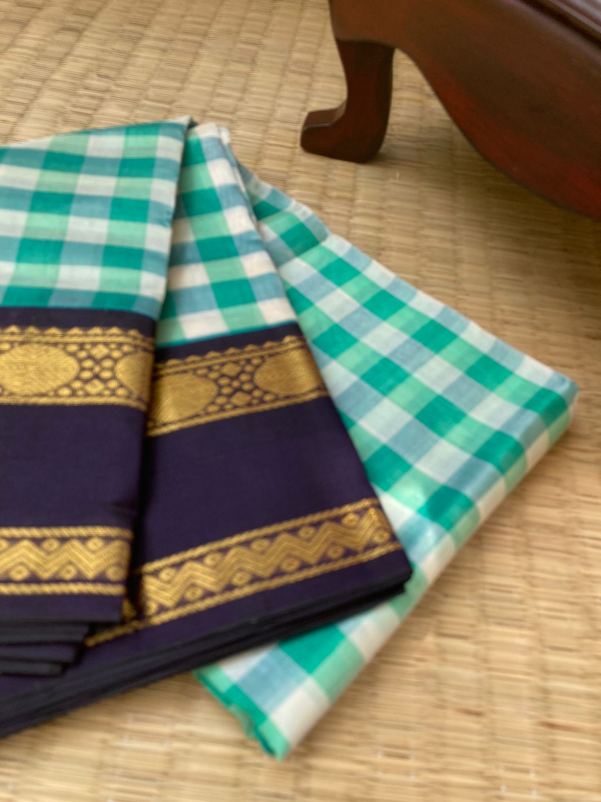 Paalum Palamum Kattams Korvai Silk Cottons - off white and rama blue chex with navy blue borders