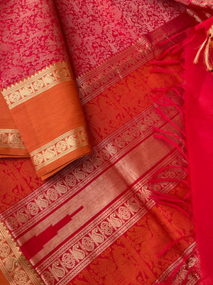 Traditional Colours Woven Motifs Silk Cotton - red vanasingaram