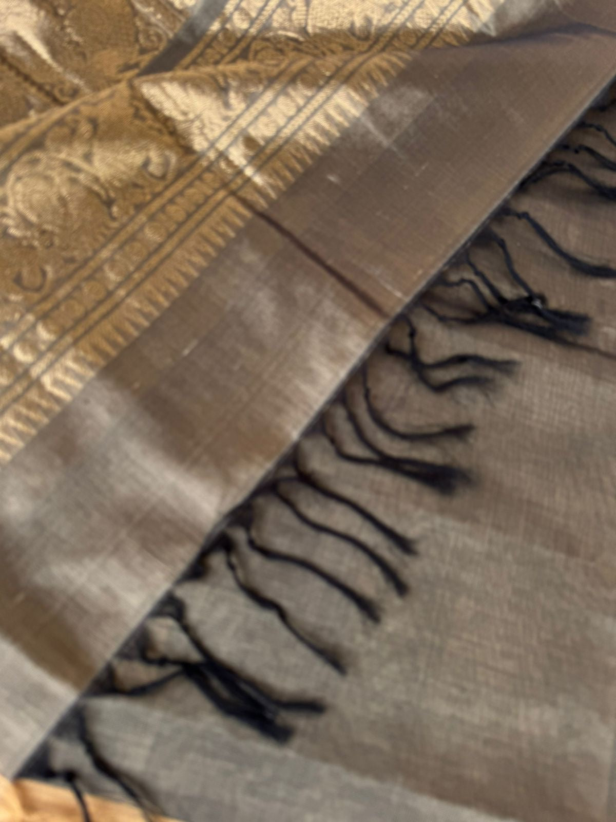 Zari Kissed Silk Cotton - the beautiful metallic grey and solid gold zari woven borders