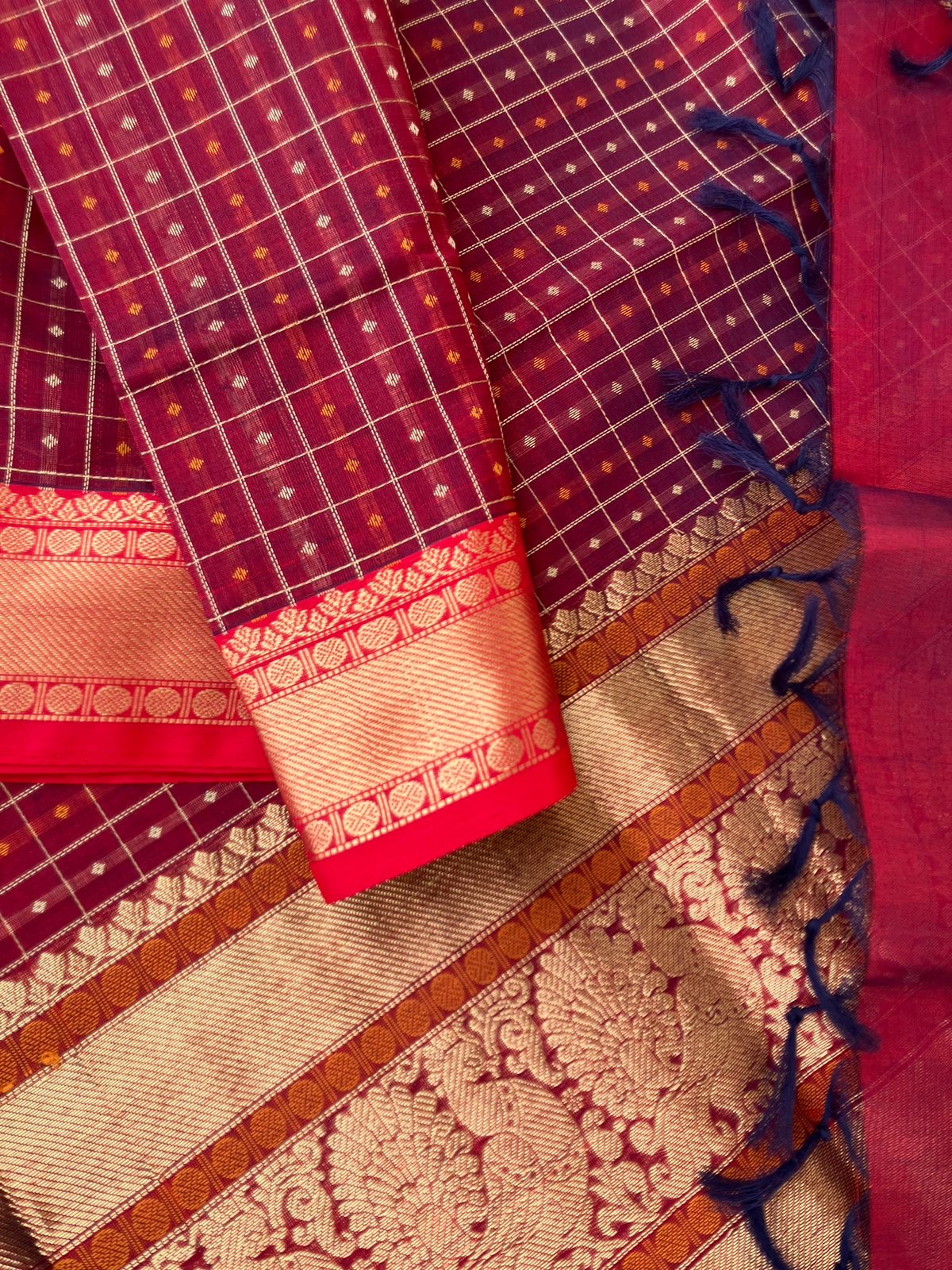 Traditional Colours Woven Motifs Silk Cotton - maroon lakshadeepam