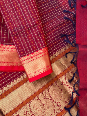 Traditional Colours Woven Motifs Silk Cotton - maroon lakshadeepam