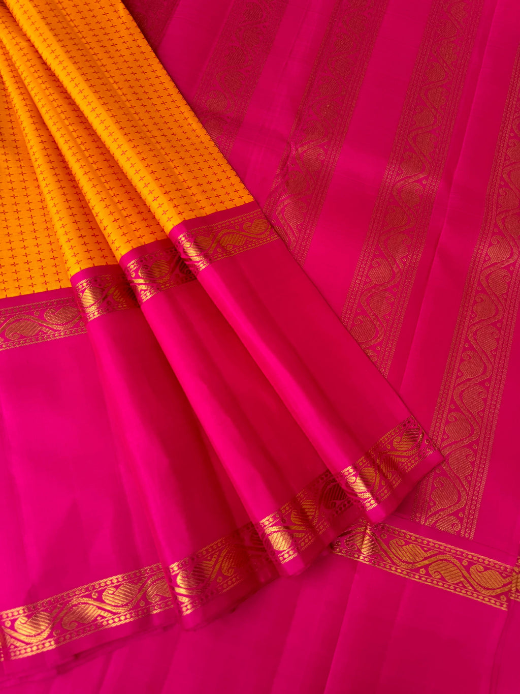 Truly Vintage - amazing mango yellow and pink with kodi mangai woven korvai borders with full body woven pluse buttas