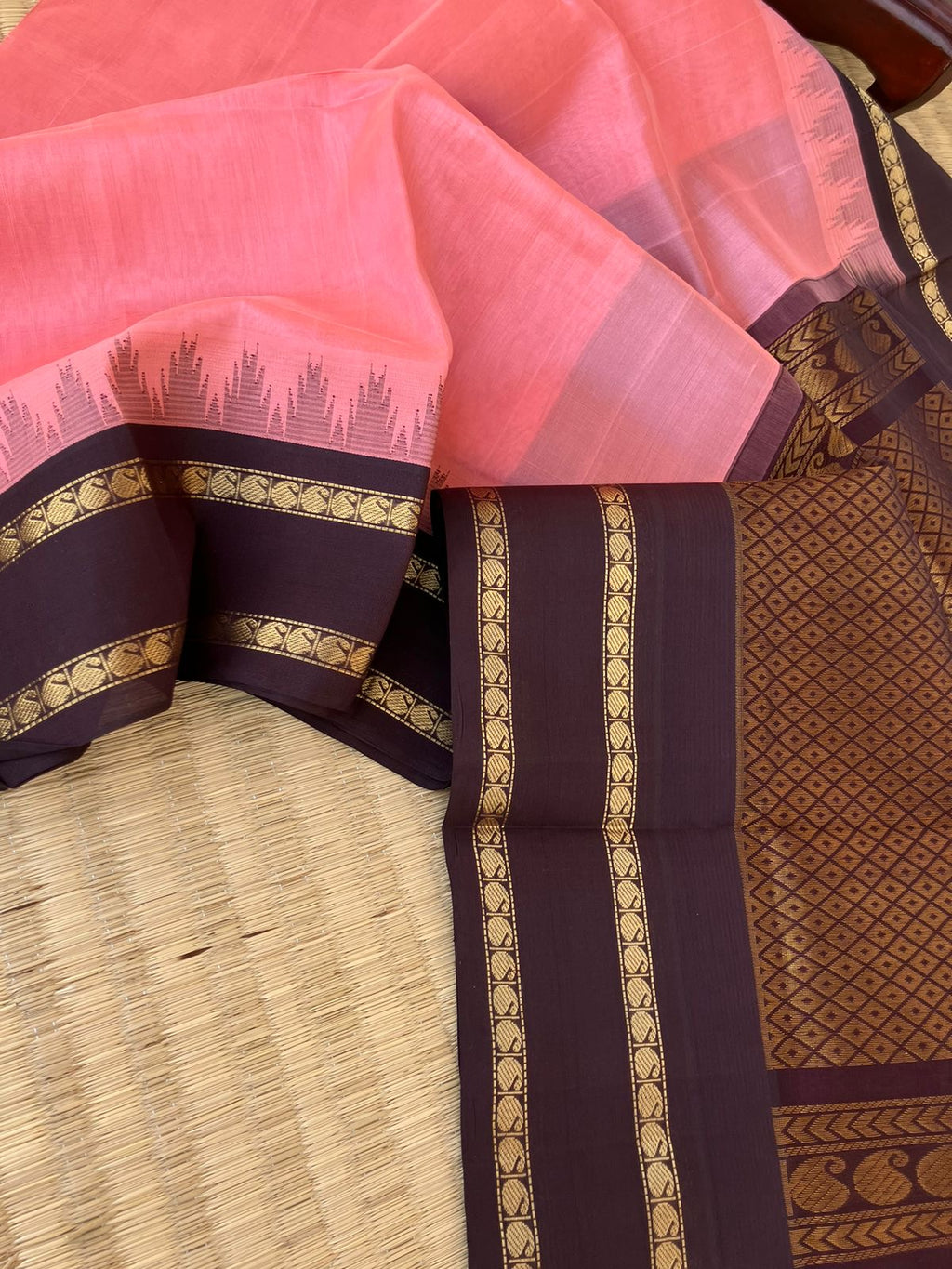 Korvai Silk Cotton - pastel bubble gum pink with coffee bean brown retta pett borders