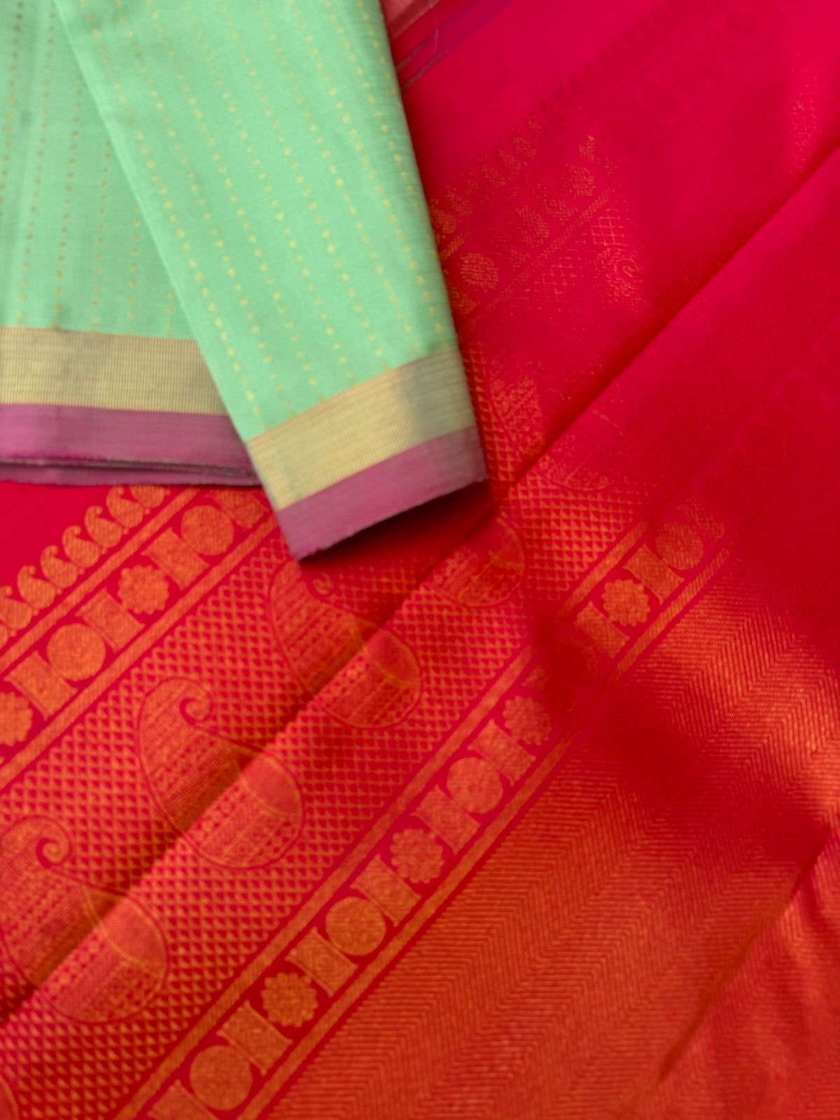 Shree - Stunning Small Border Kanchivarams - pista green lakshadeepam and red pink pallu and blouse