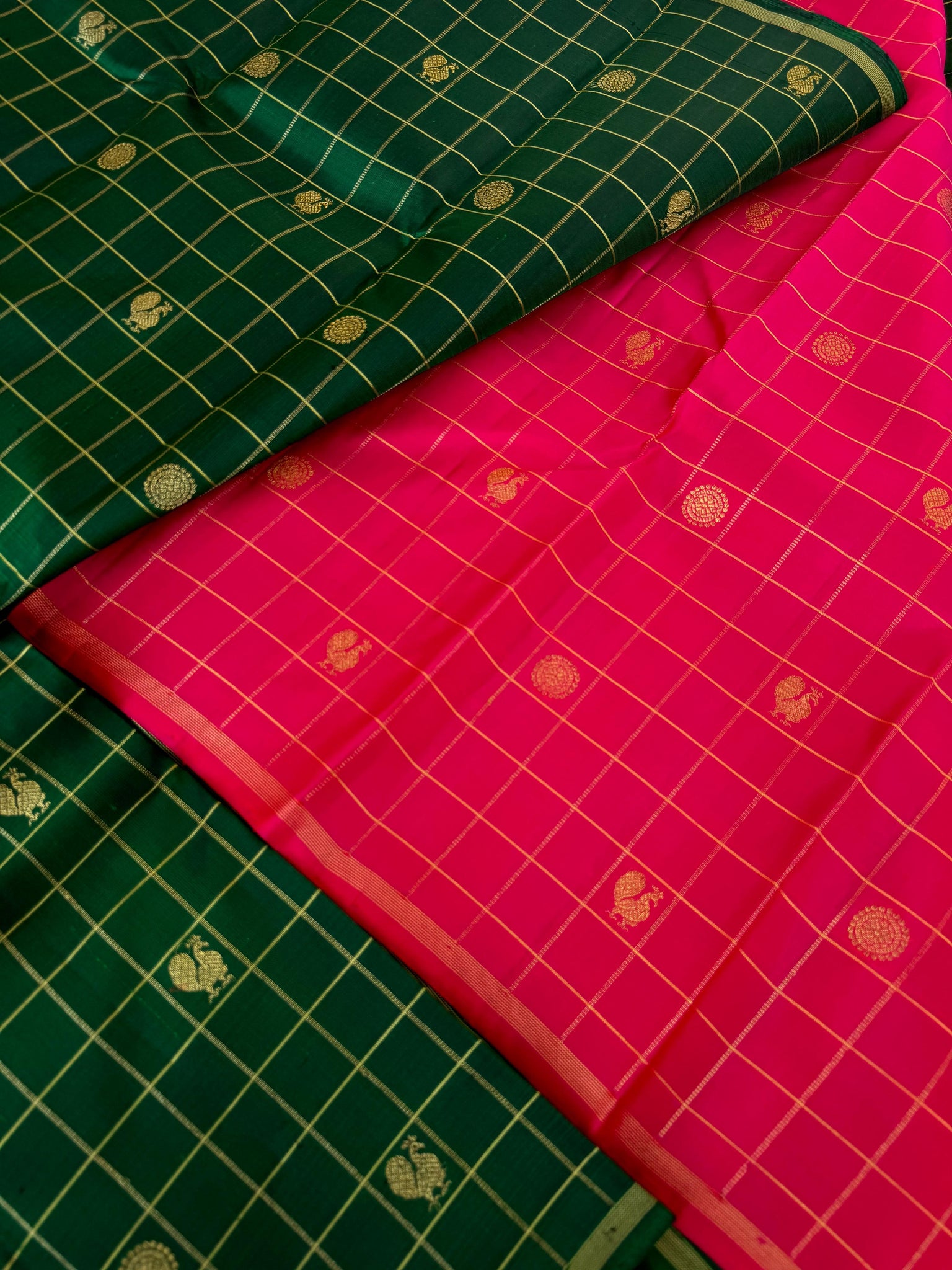 Kanchivaram Trunk - Every Day Essential Kanchivarams | deep Meenakshi green and gold borderless Kanchi with contrast pink blouse