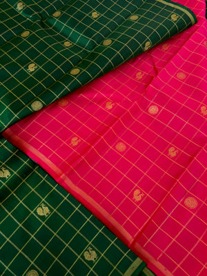 Kanchivaram Trunk - Every Day Essential Kanchivarams | deep Meenakshi green and gold borderless Kanchi with contrast pink blouse