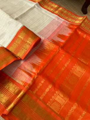 Korvai Silk Cotton - off white and orange zari kattam