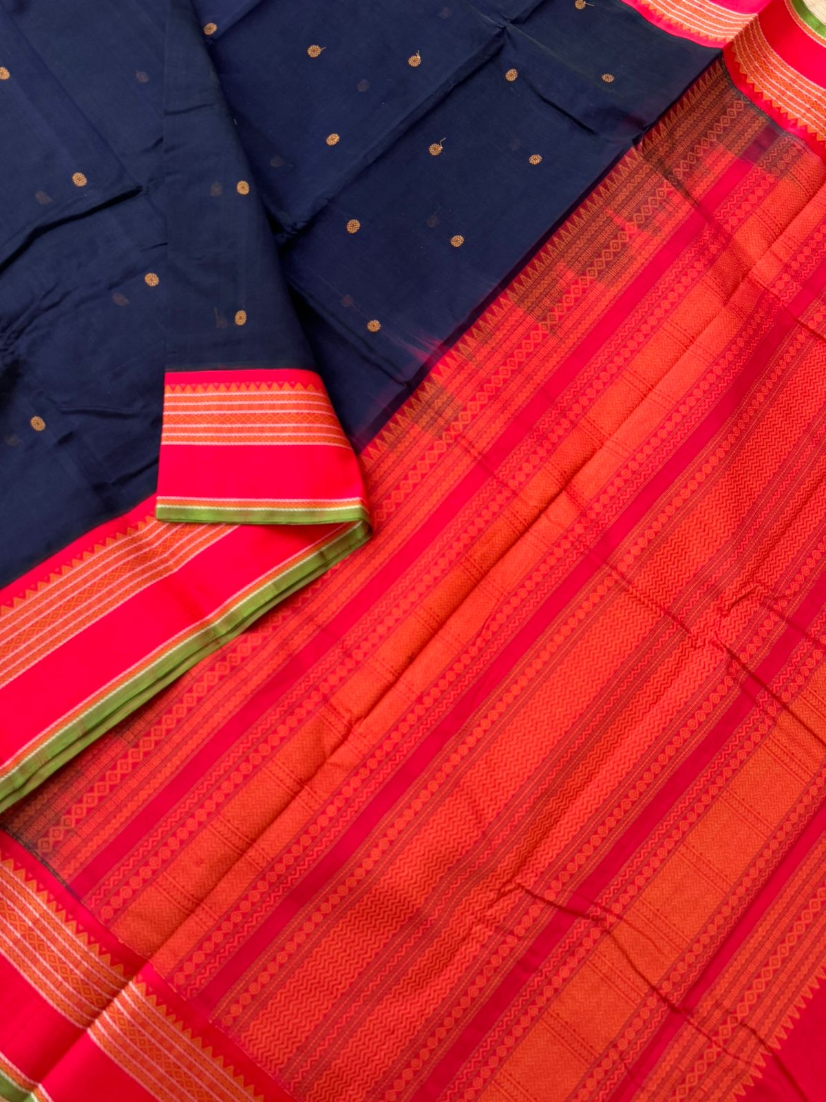 Divyam - Korvai Silk Cotton with Pure Silk Woven Borders - deep navy blue and red