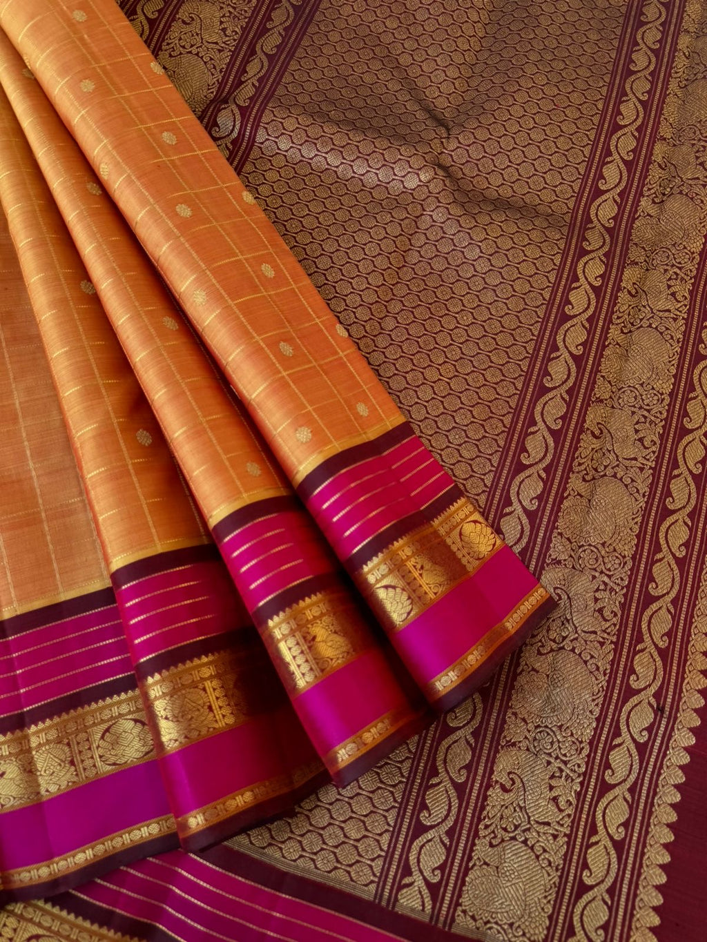 Vintage Ragas on Korvai Kanchivaram - sun set rusty mustard with most traditional mooppula woven borders