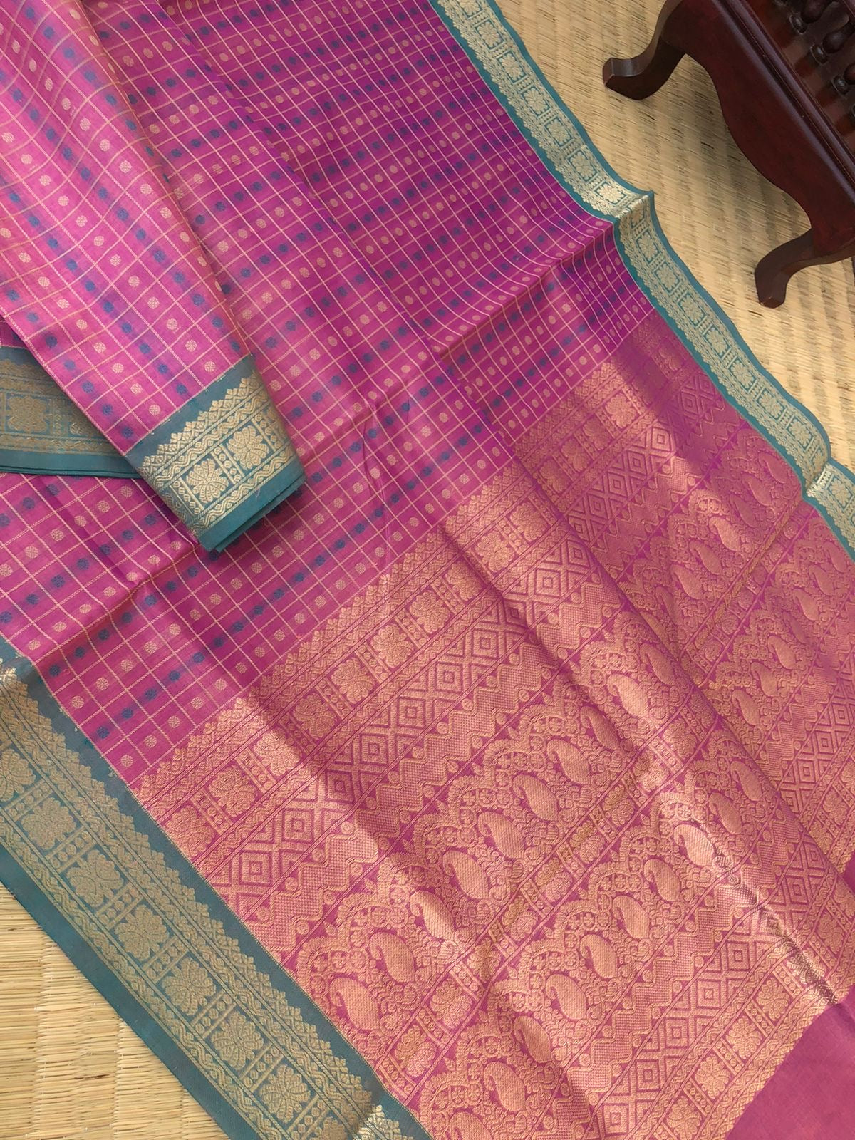 Woven Motifs Silk Cotton - unusual keva pink intricate 1000 rudurakasham buttas