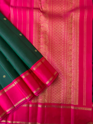 Meenakshi Kalayanam - Authentic Heirloom Korvai Kanchivarams - traditional deepest dark Meenakshi green and indian pink