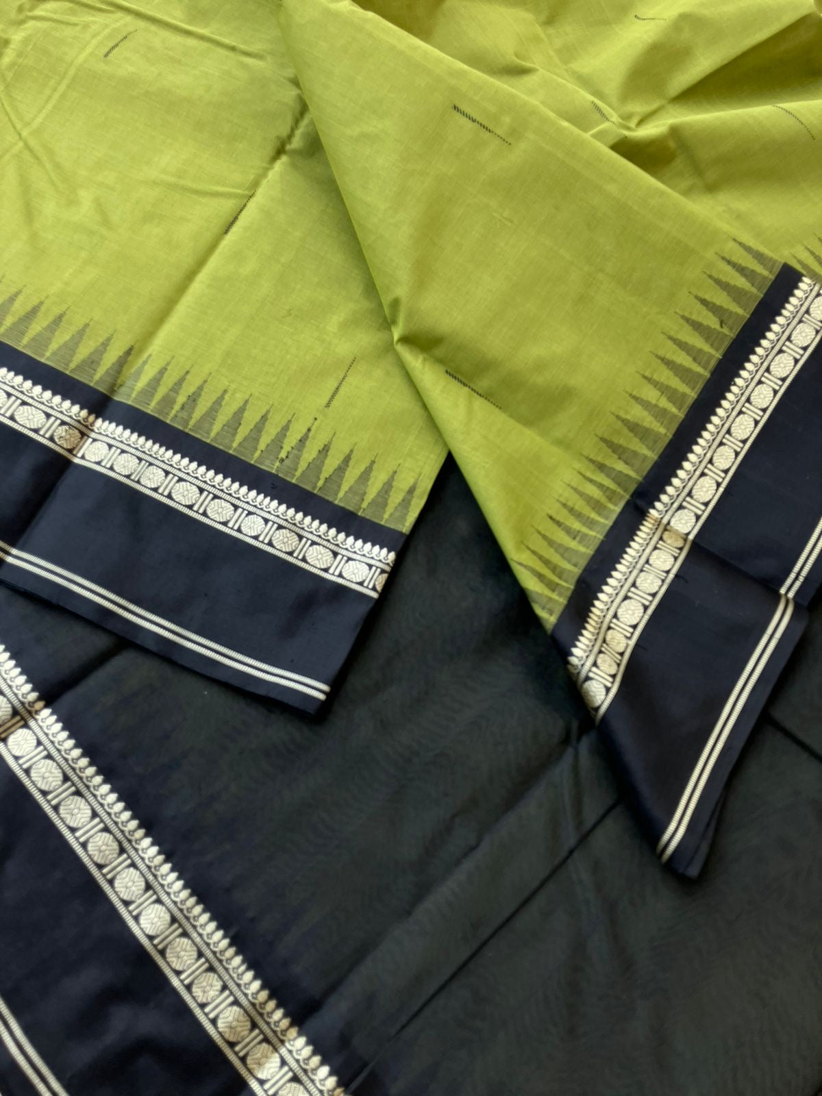 Mira - Our Exclusive Cotton body with Pure Silk Korvai Borders - gorgeous green and black malli mokku