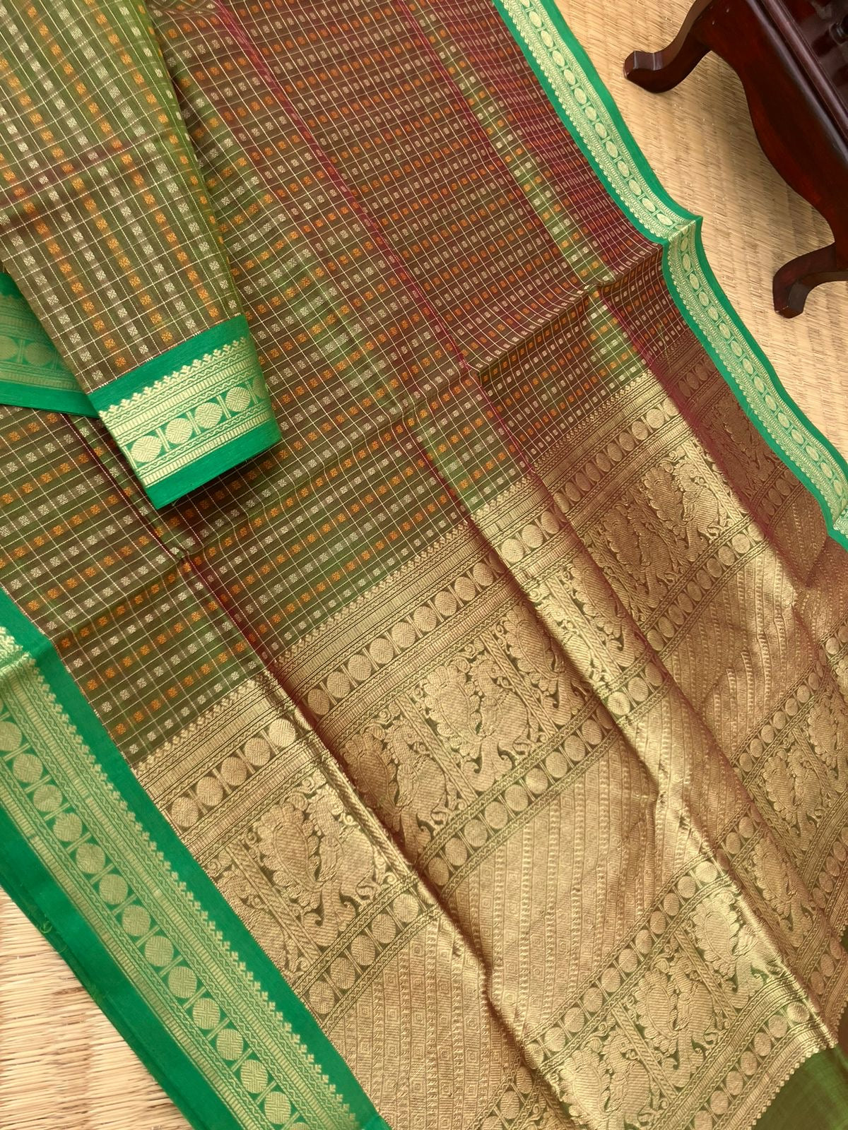 Traditional Colours Woven Motifs Silk Cotton - maroon mixed green lakshadeepam