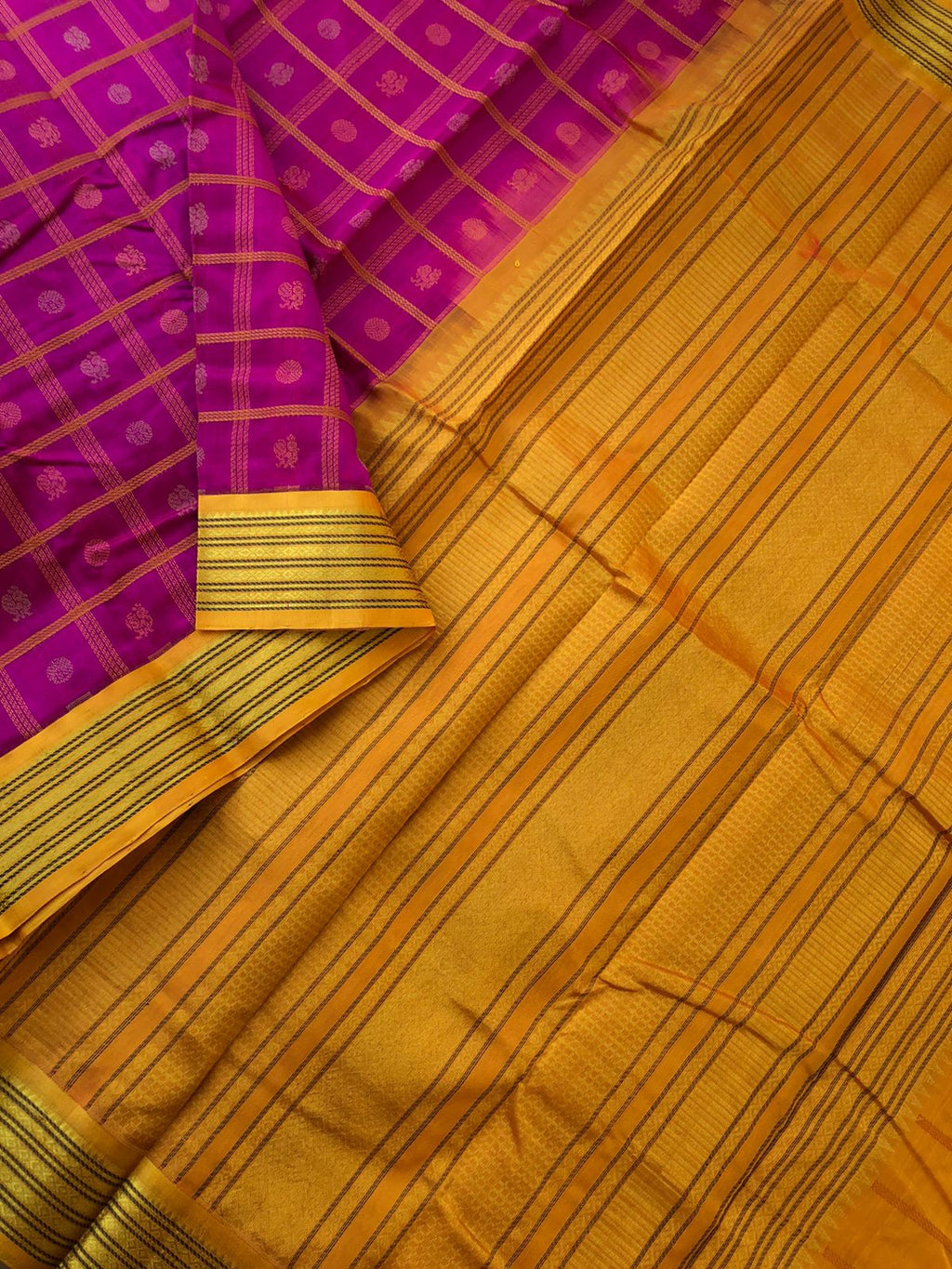 Divyam - Korvai Silk Cotton with Pure Silk Woven Borders - kum kum pink and mustard 1000 buttas